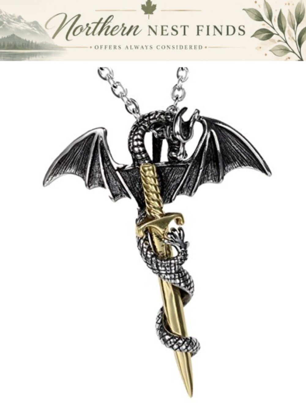 Mens Stainless Steel Flying Bat Dragon Sword Pendant Necklace 22in Biker